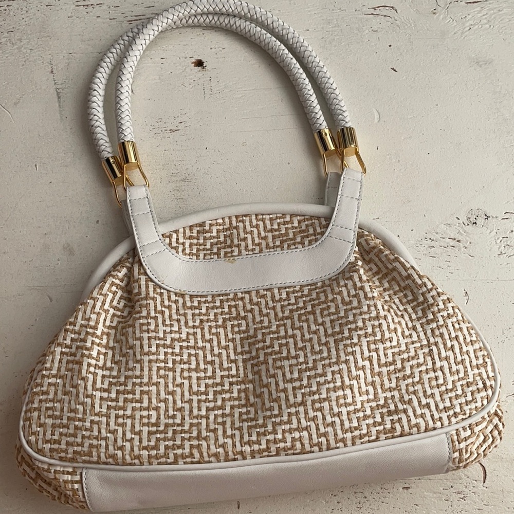 [ Kate Landry Jute and White Leather Handbag Gold Accent Purse ] Never Been Used - Picture 4 of 8